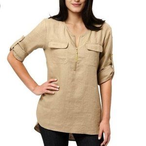 Safari Military 100% Linen Gold Zip Tab Tunic Top